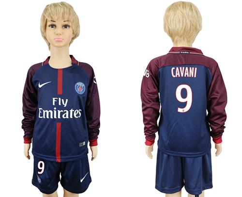 Paris Saint-Germain #9 Cavani Home Long Sleeves Kid Soccer Club Jersey - Click Image to Close